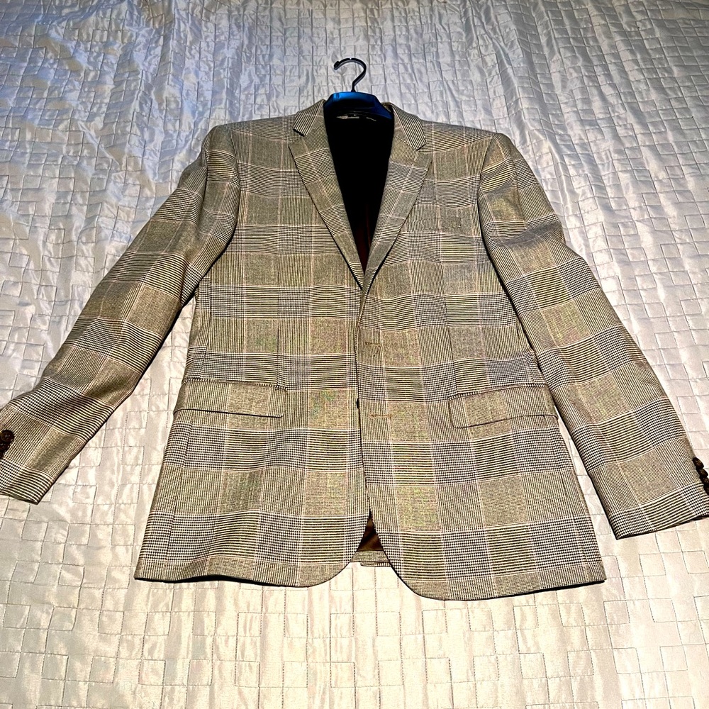 Express Men's Plaid Suit Blazer in Gray and Tan